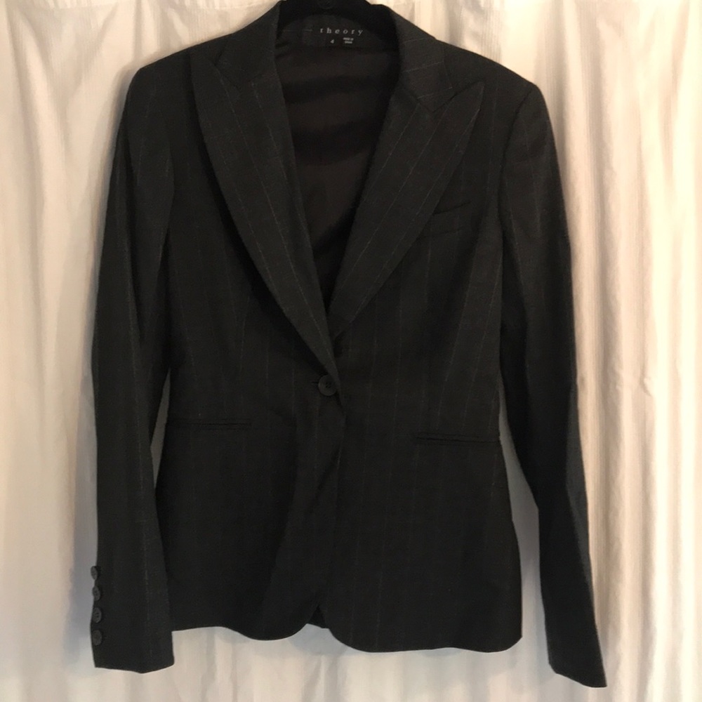 Theory size 4 charcoal blazer with silver stripes